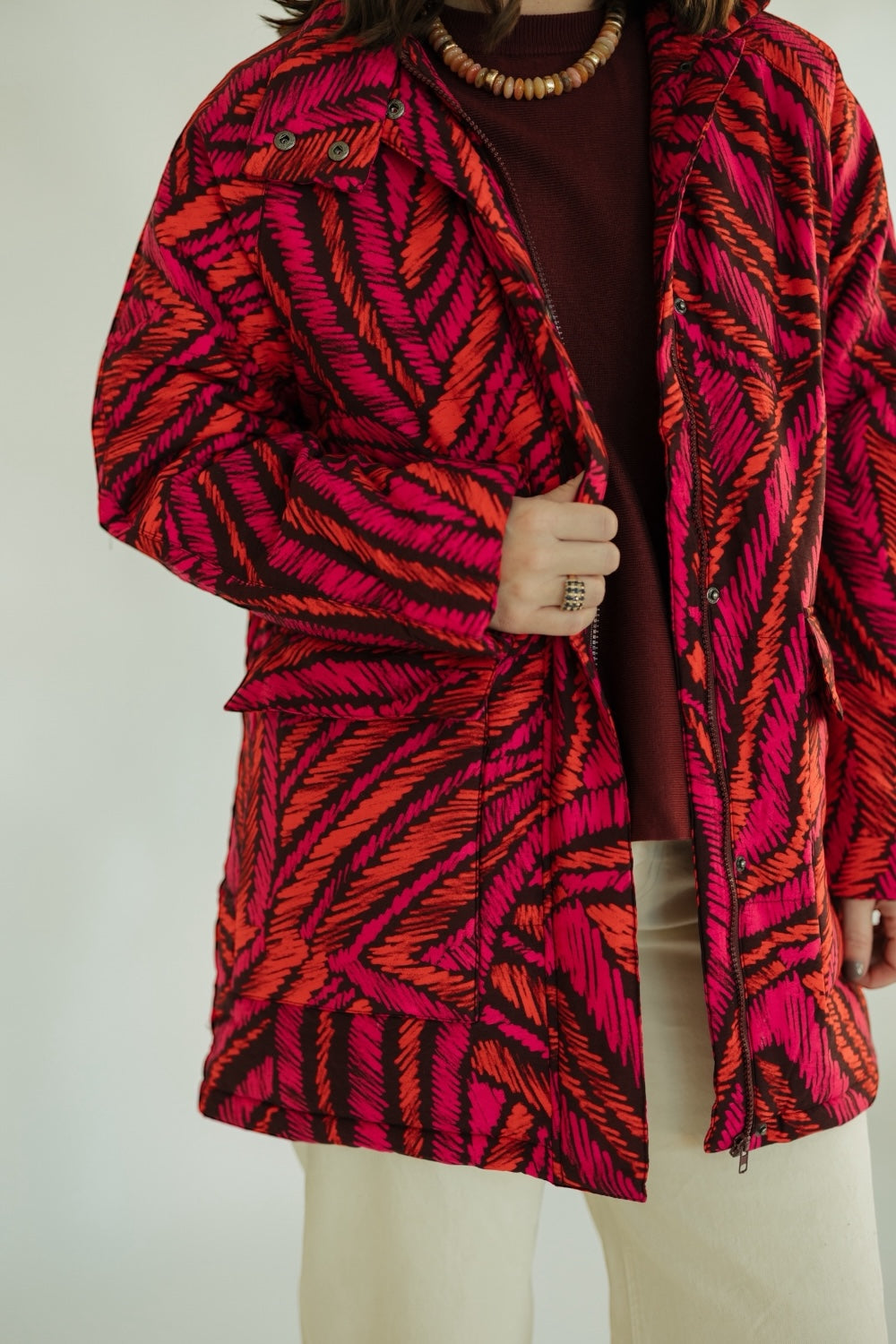 Fedora Pink/Maroon Print Puffer Coat (XS-XL)