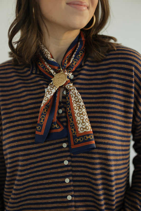Navy Horsebit Print Narrow Scarf