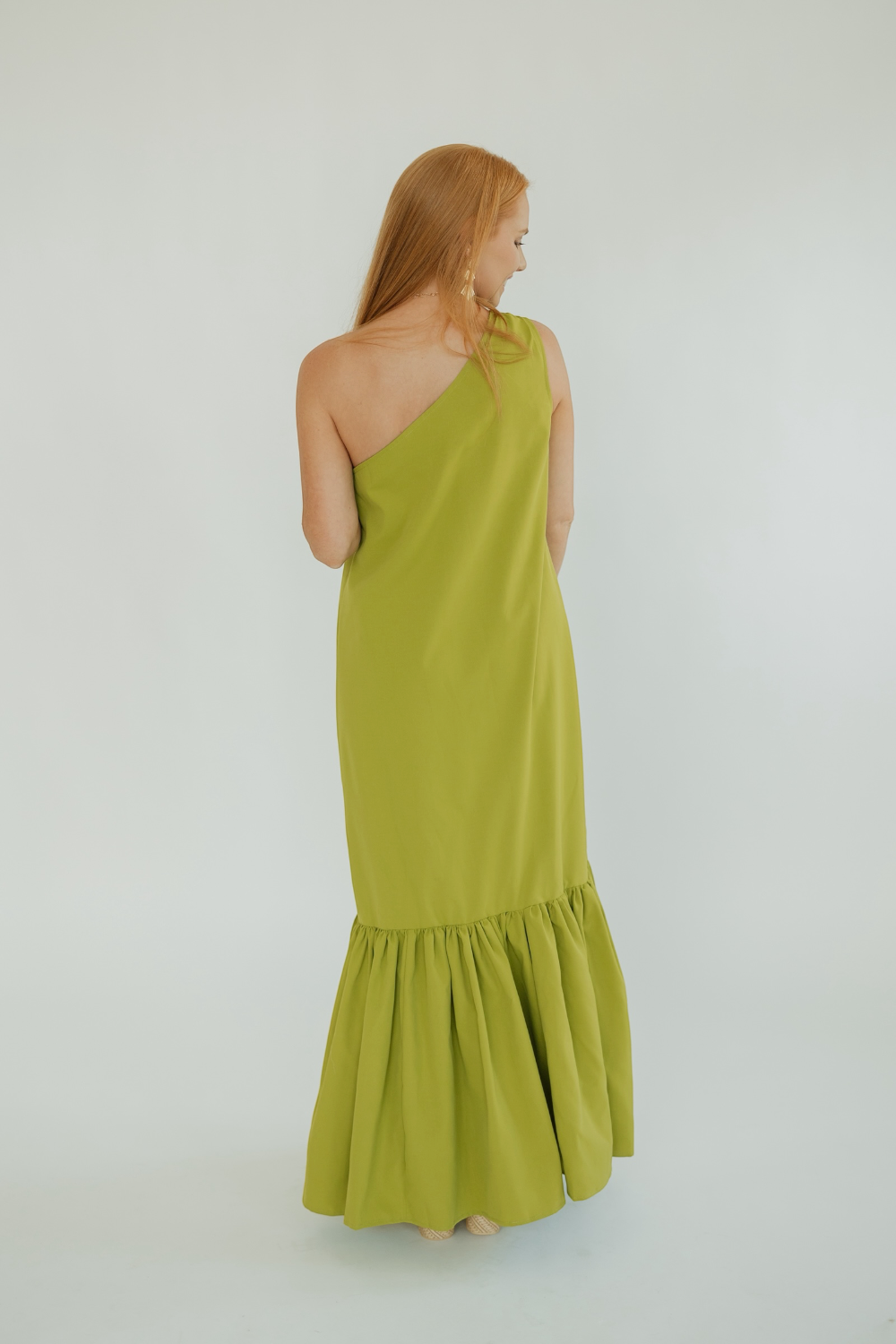 Crosby Lime Asymmetrical One Shoulder Ruffled Maxi Dress