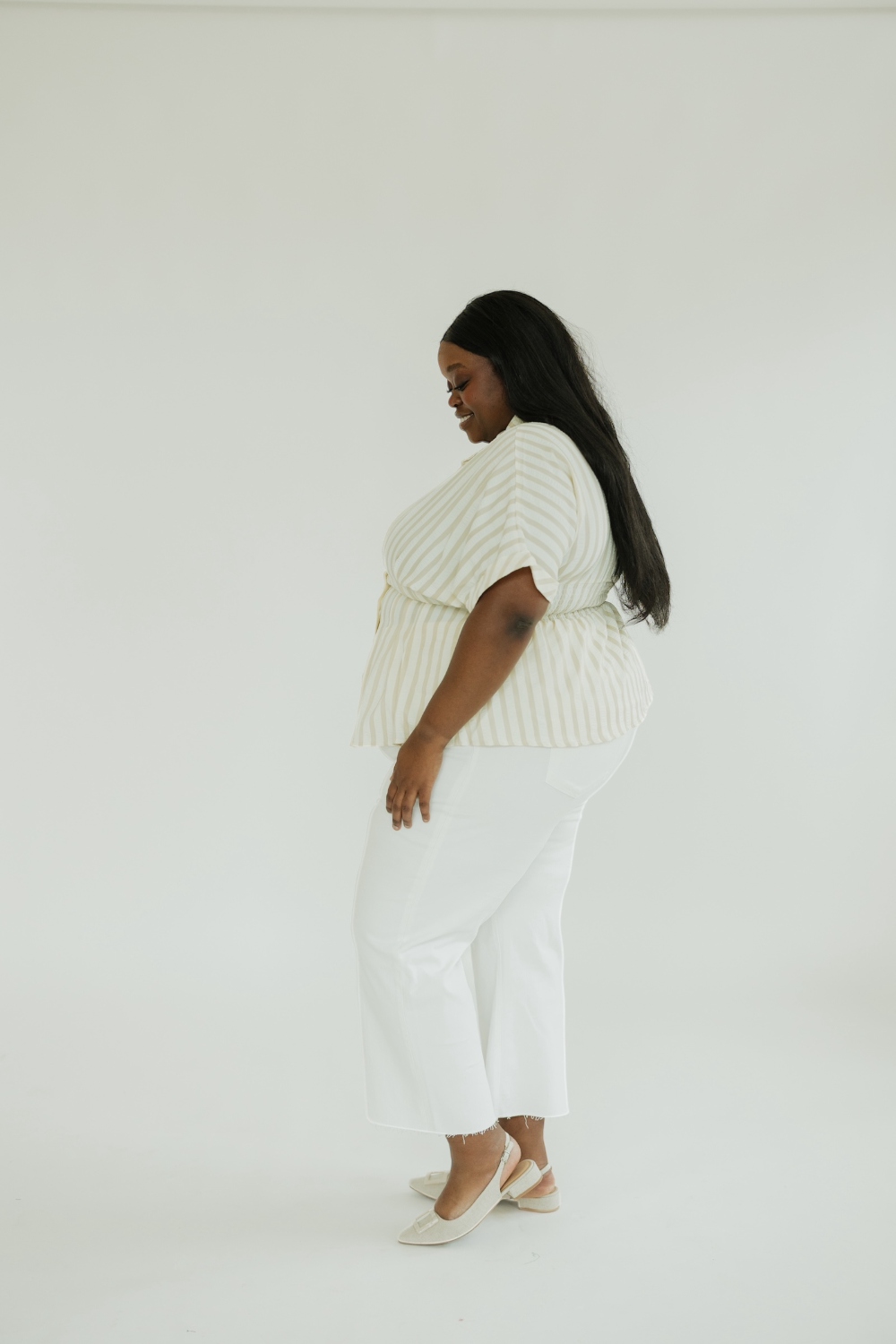 Cream Striped Pleated Waist Top (S-2XL)