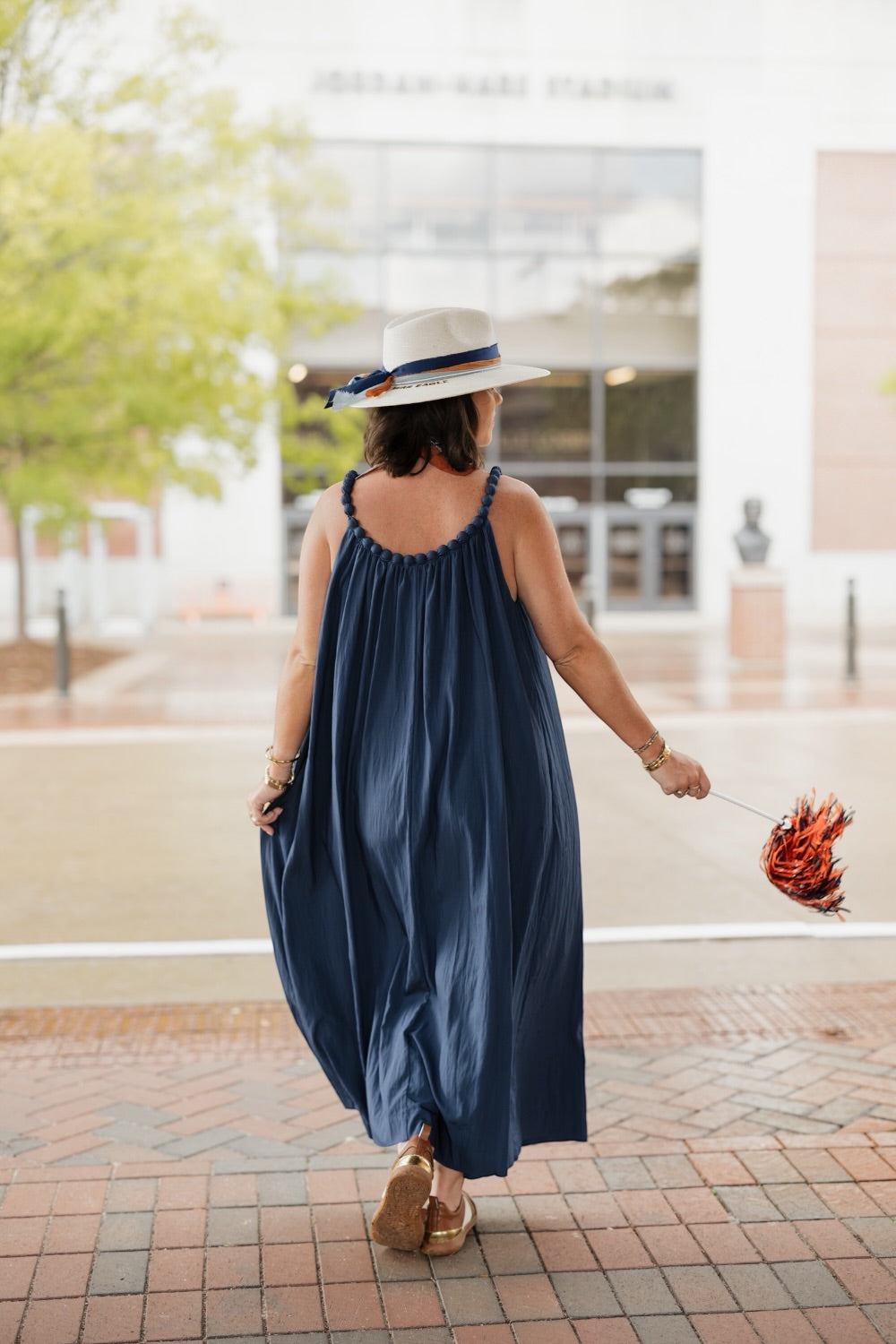 Navy Ball Trim Neckline Midi Dress