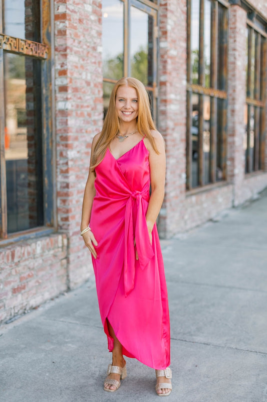 Raspberry Satin Wrap Tie Midi Dress