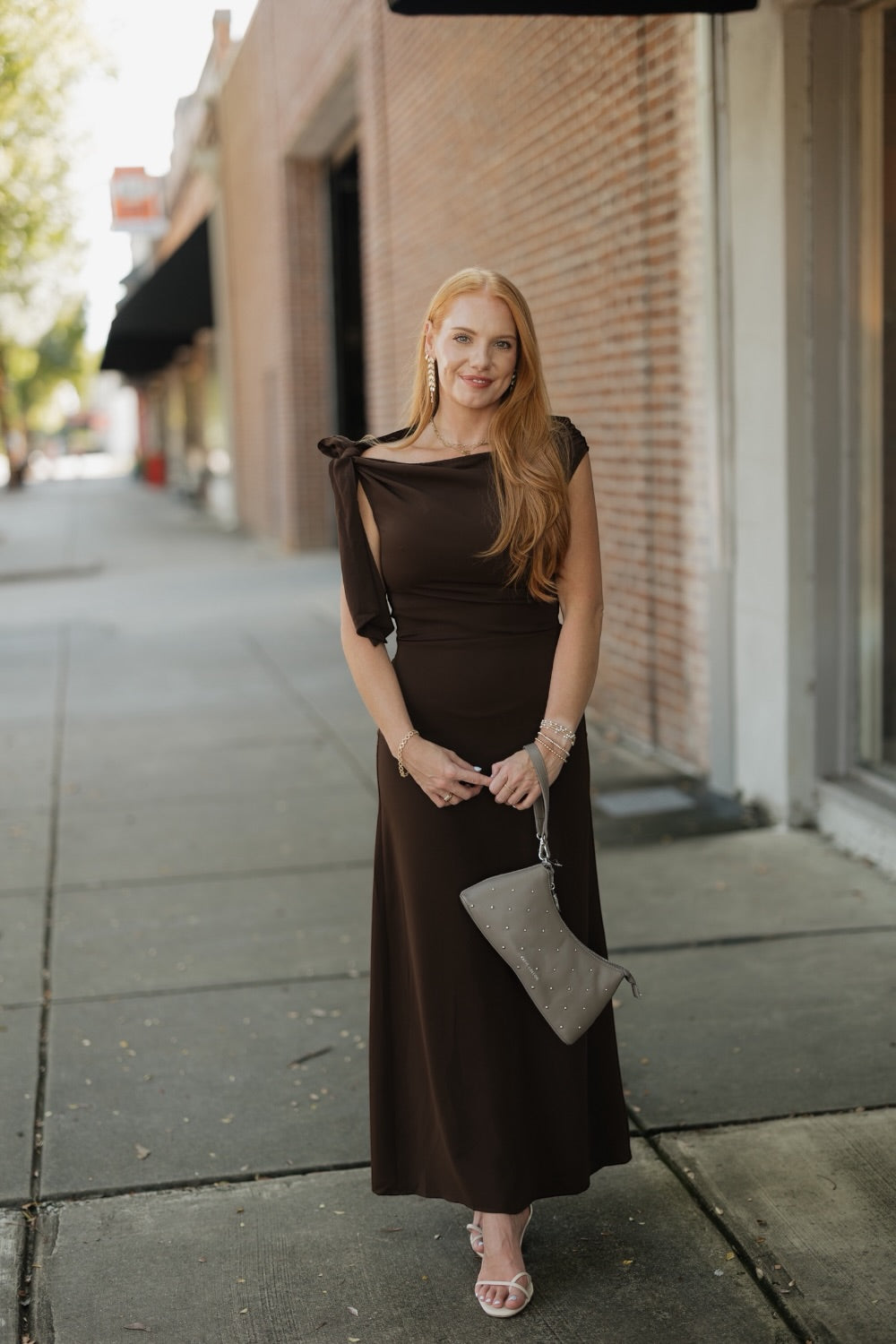 Remie Asymmetrical Brown Shoulder Tie Midi Dress