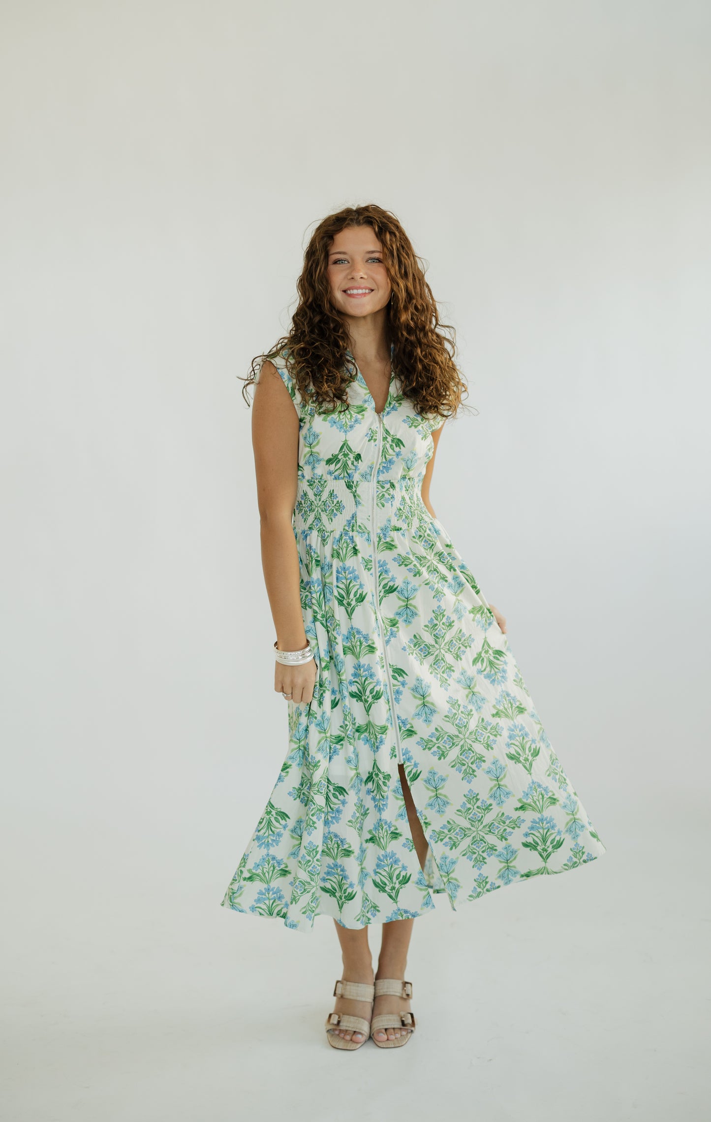 Stella Floral Zip Front Cinched Waist Midi Dress (S-2XL)