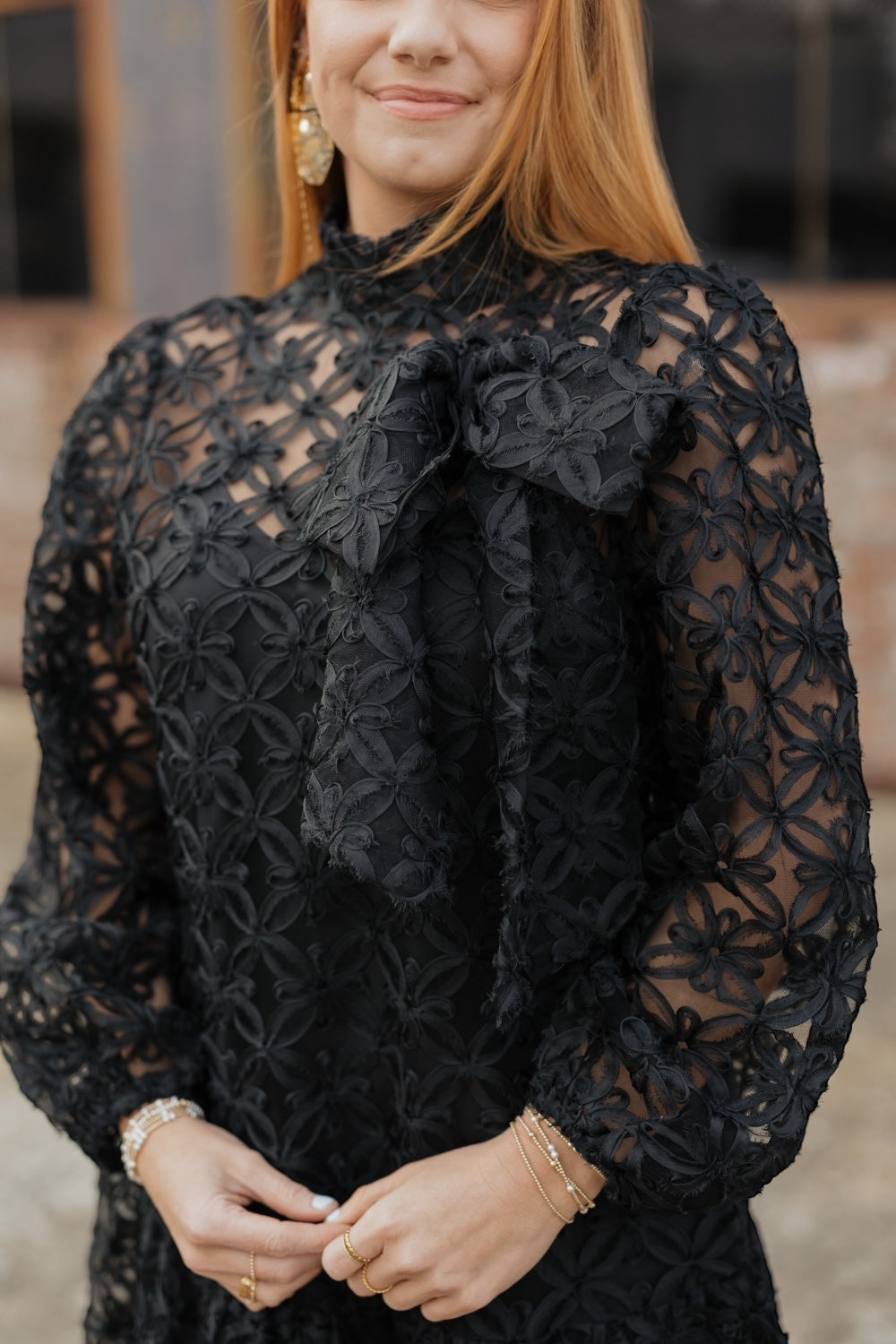Jasmine Black Organza Long Sleeve Bow Dress