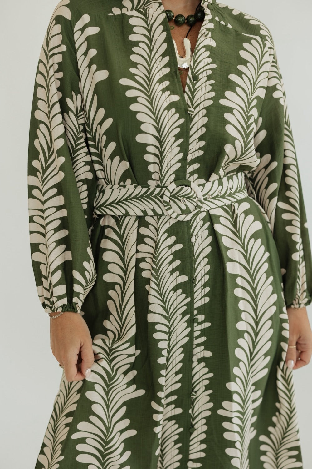 Leaf Cascade Belted Dress