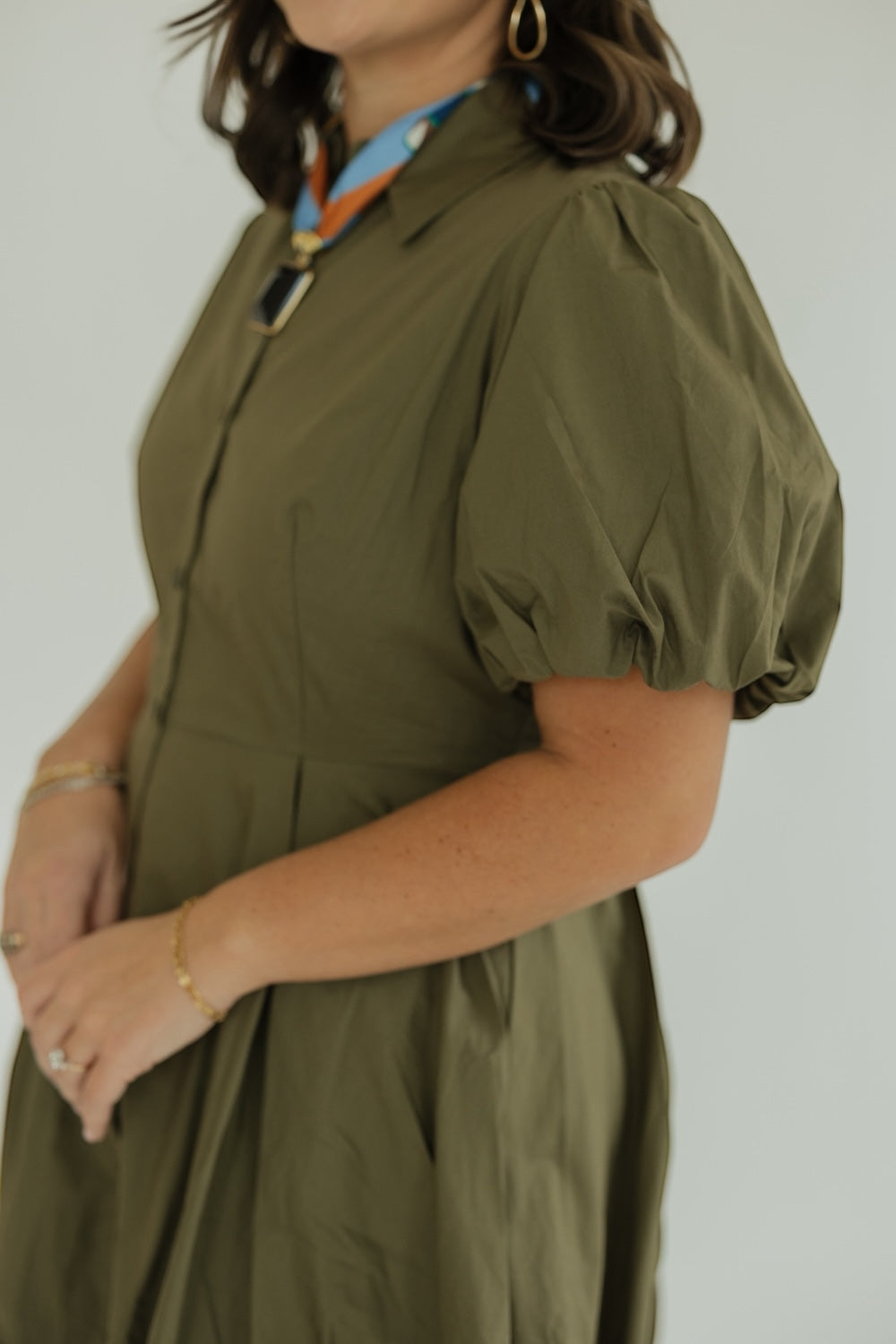 Julia Olive Bubble Hem Mini Shirt Dress