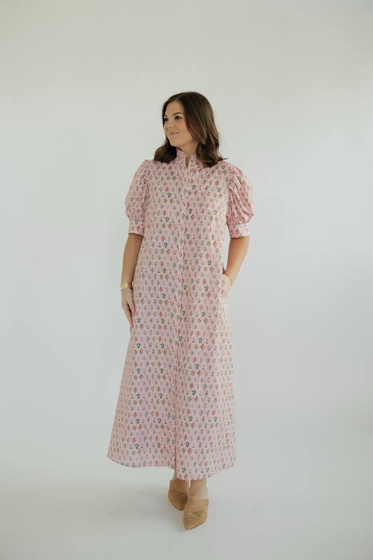 Ruthie Floral Ruffle Neck Button Down Midi Dress