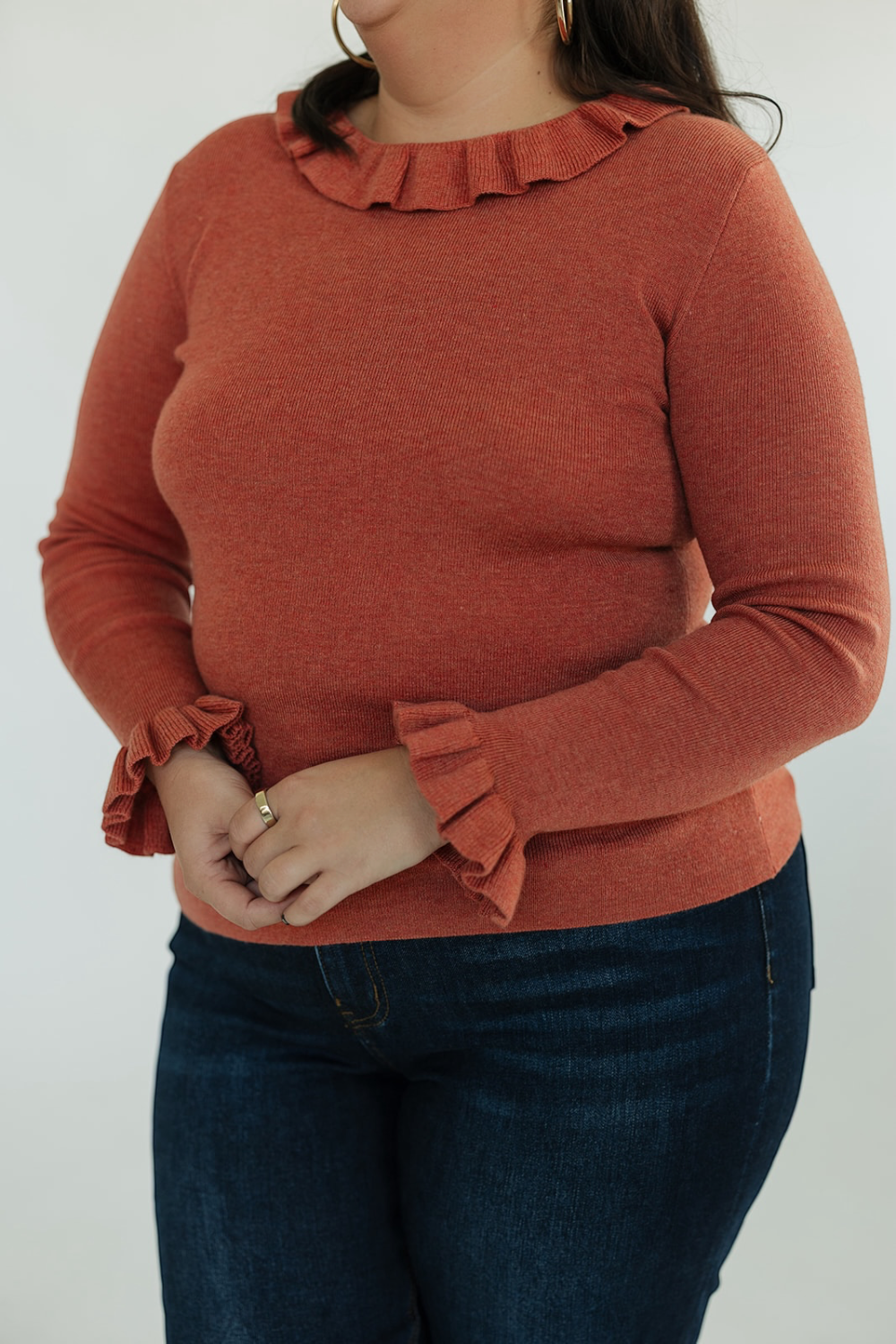 Orange Ruffle Collar & Sleeve Knit Top (S-XL)