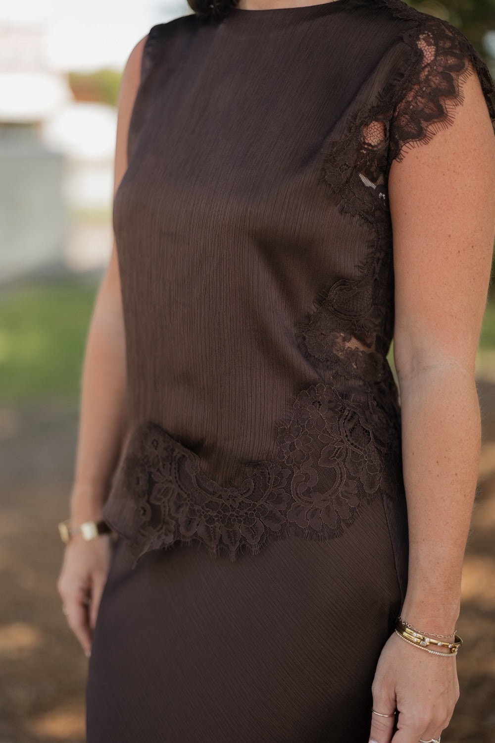 Lydia Brown Mixed Lace Satin Top (XS-XL)