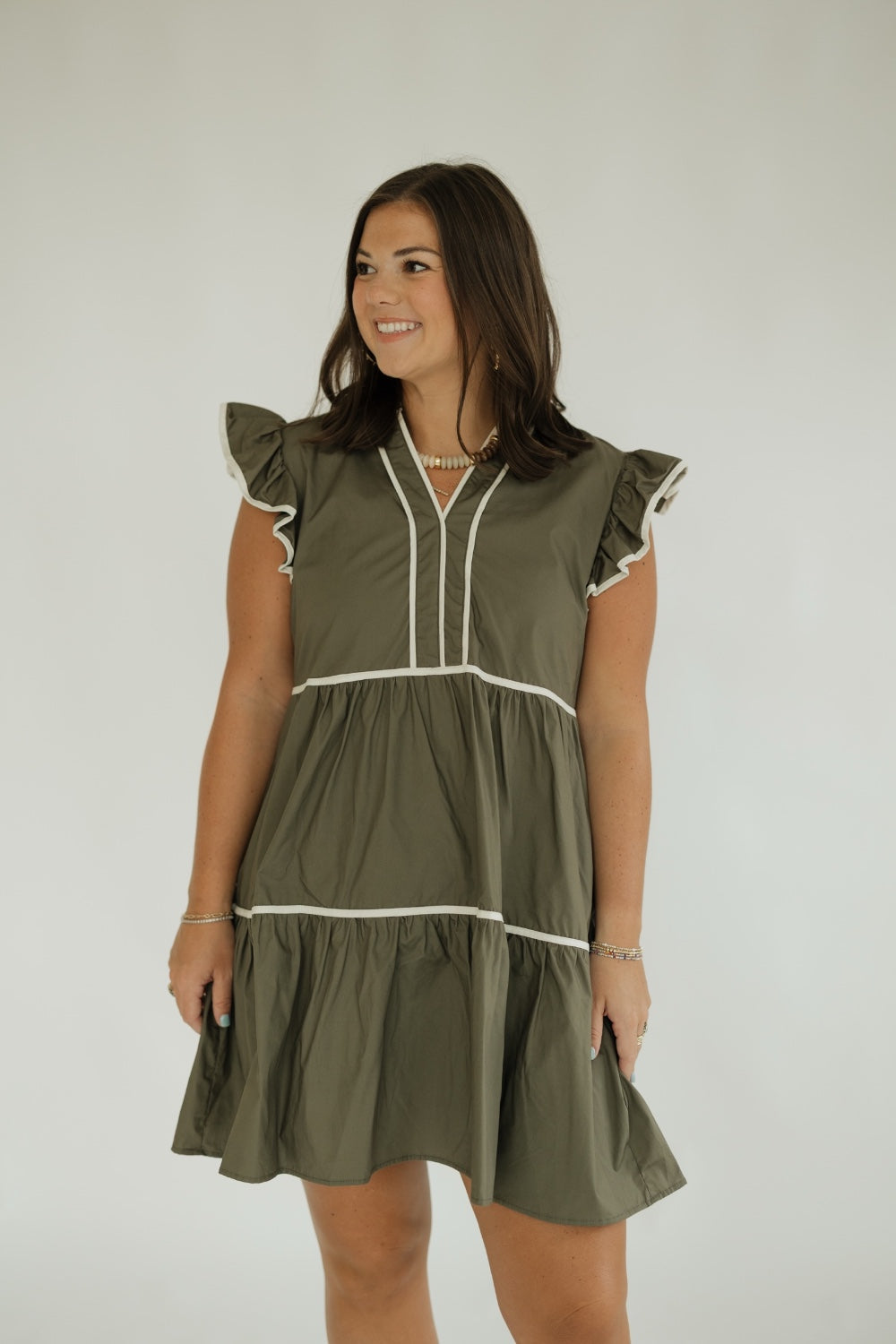 Sandy Olive Flutter Sleeve Ruffle Dress (S-2XL)