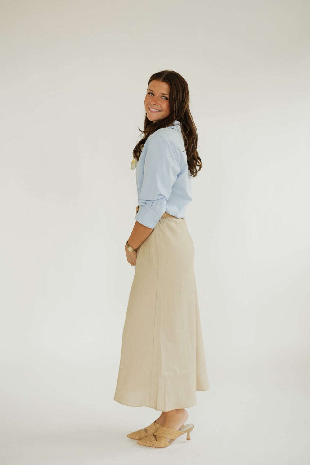 Morgan Sand Linen Midi Belted Skirt