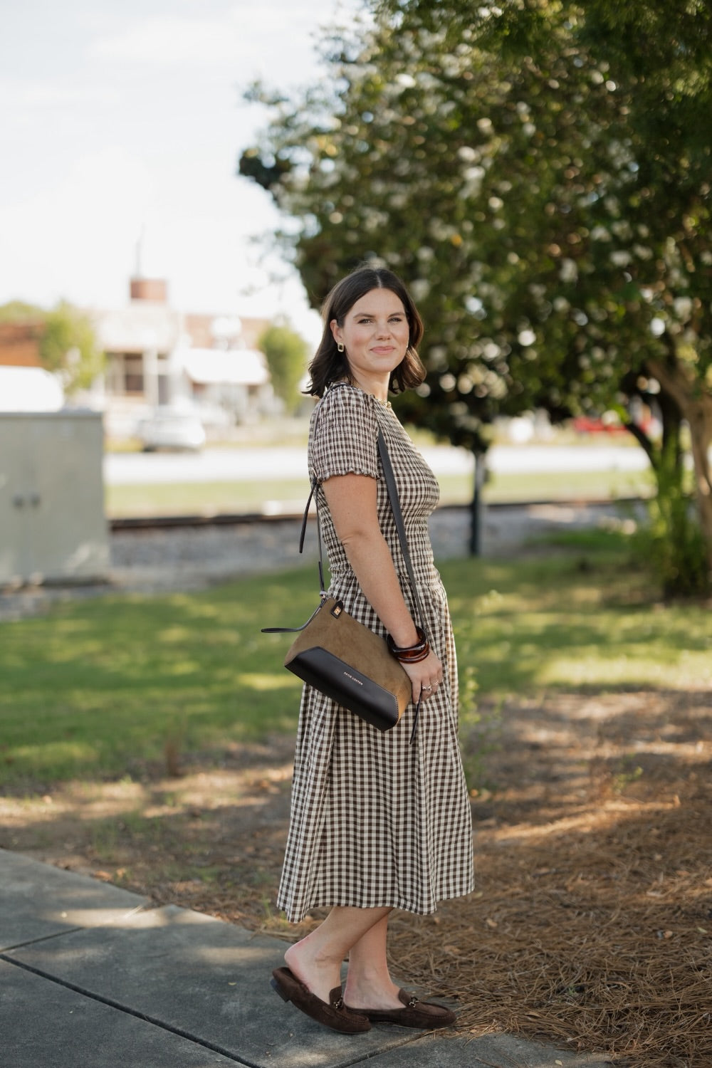 Bianca Brown Gingham Drop Waist Smocked Midi Dress
