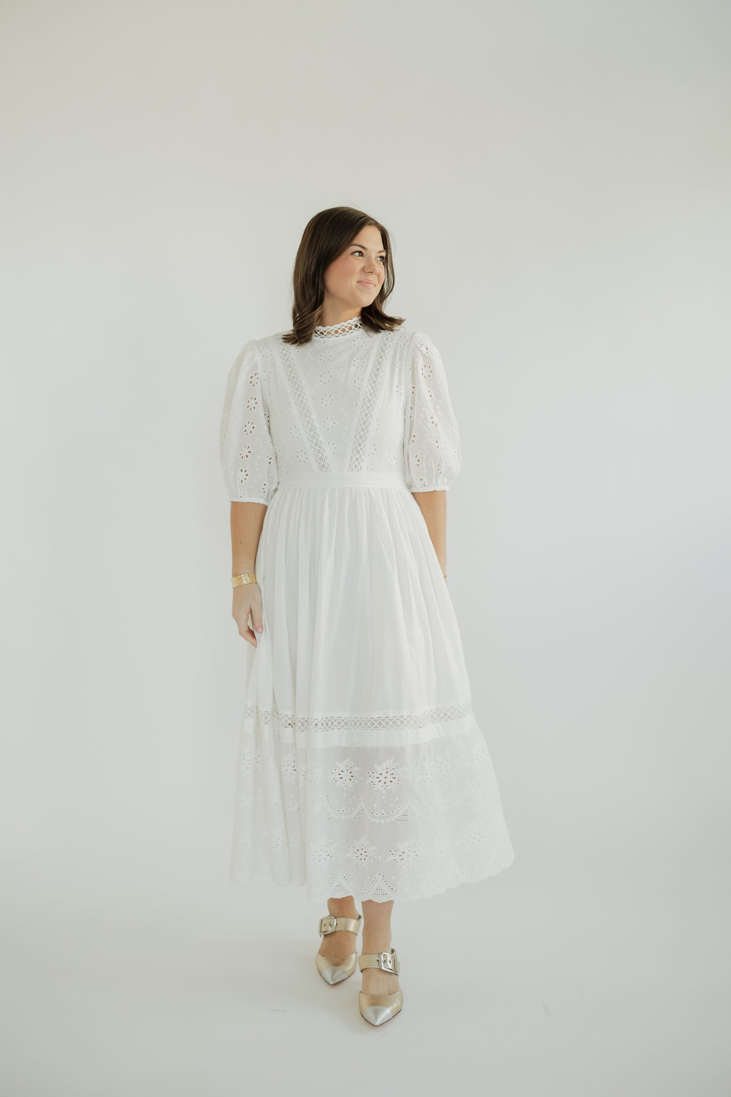 Monica White Mockneck Eyelet Midi Dress