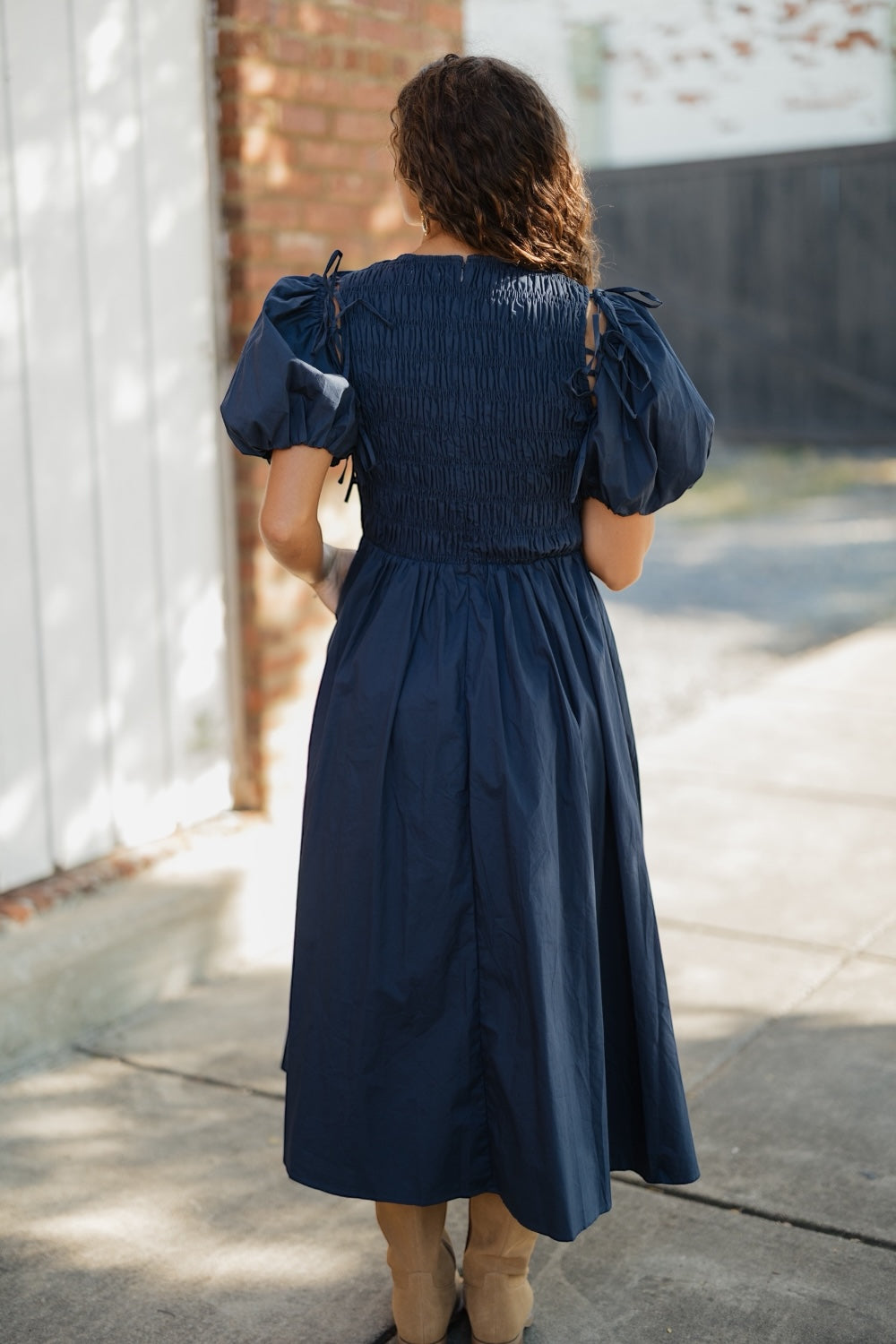 Dianne Navy Detachable Puff Sleeve Midi Dress