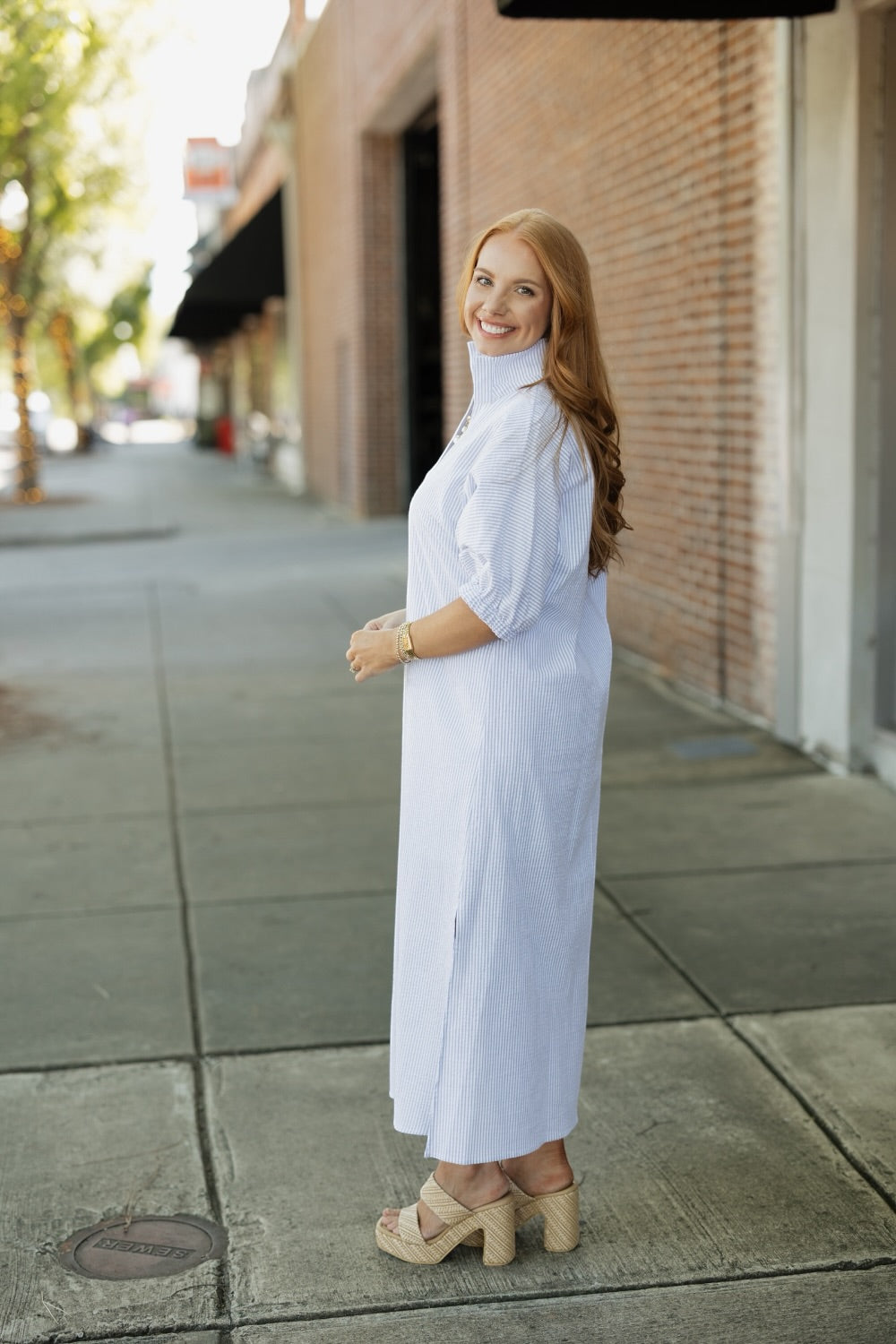 Blakely Sky Seersucker Stripe Dress (S-3XL)
