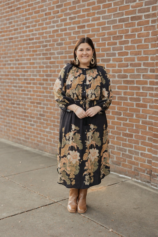 Bindi Black Floral Belted Midi Dress