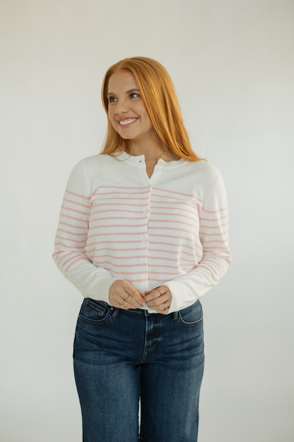 Laura White/Pink Striped Button Down Cardigan (XS-XL)