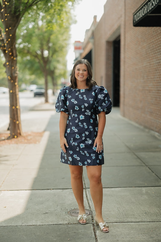 Elissa Jacquard Floral Puff Sleeve Mini Dress