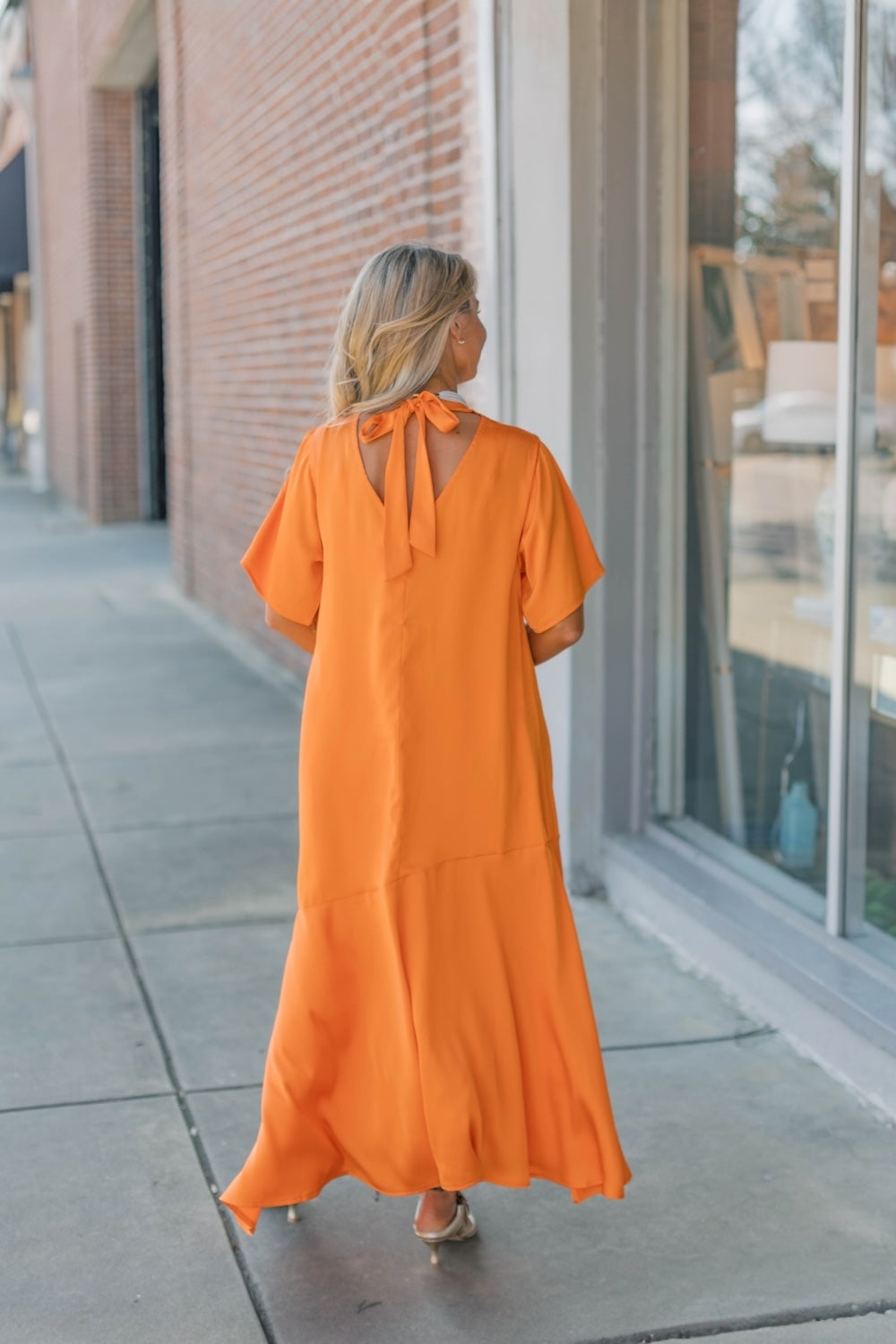 Orange Asymmetric Satin Midi Dress