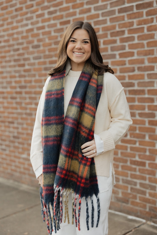 Navy Checkered Fringe Knit Scarf