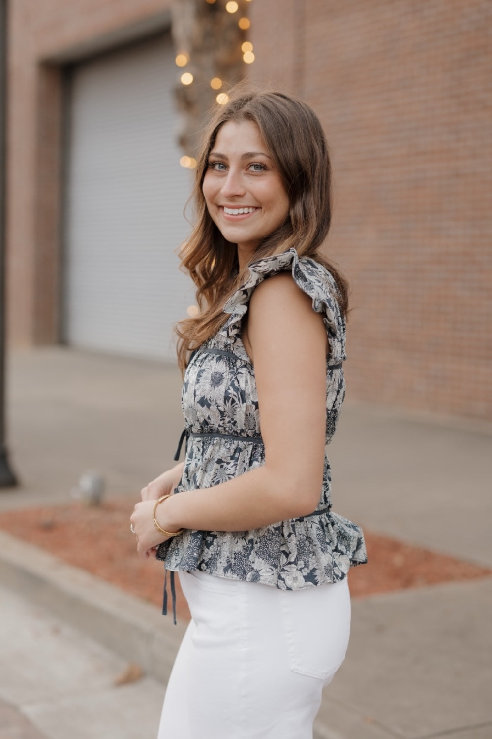 Gina Navy Grosgrain Trim Peplum Top