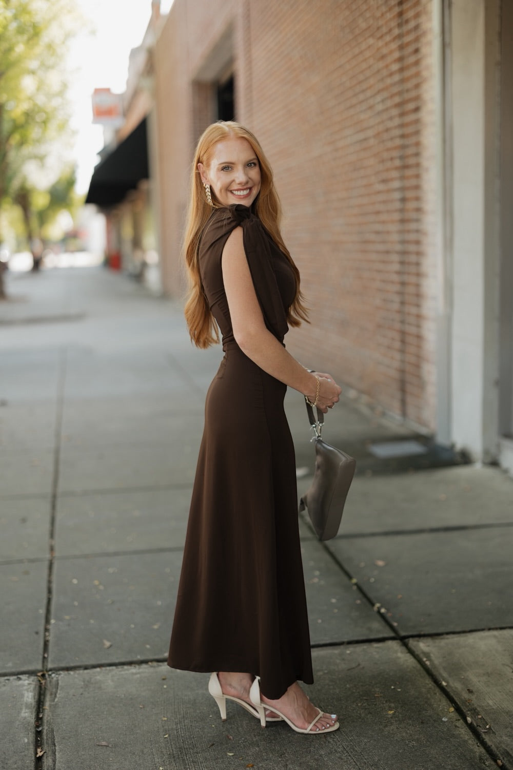 Remie Asymmetrical Brown Shoulder Tie Midi Dress
