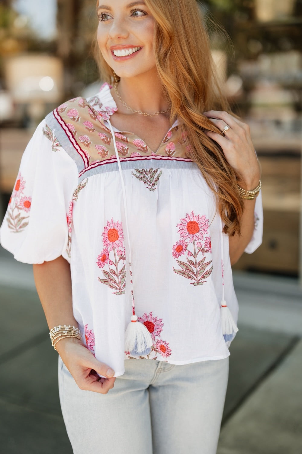 Taryn Puff Sleeve Floral Tassel Top (XS-XL)
