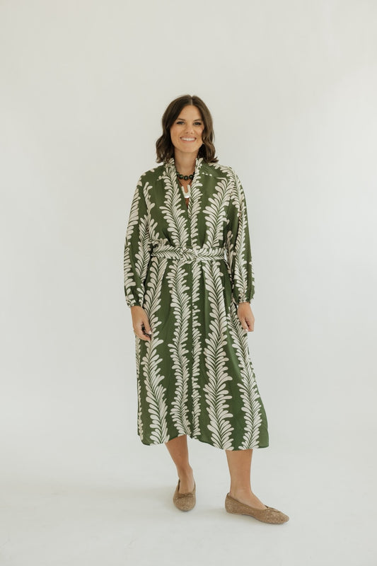 Leaf Cascade Belted Dress