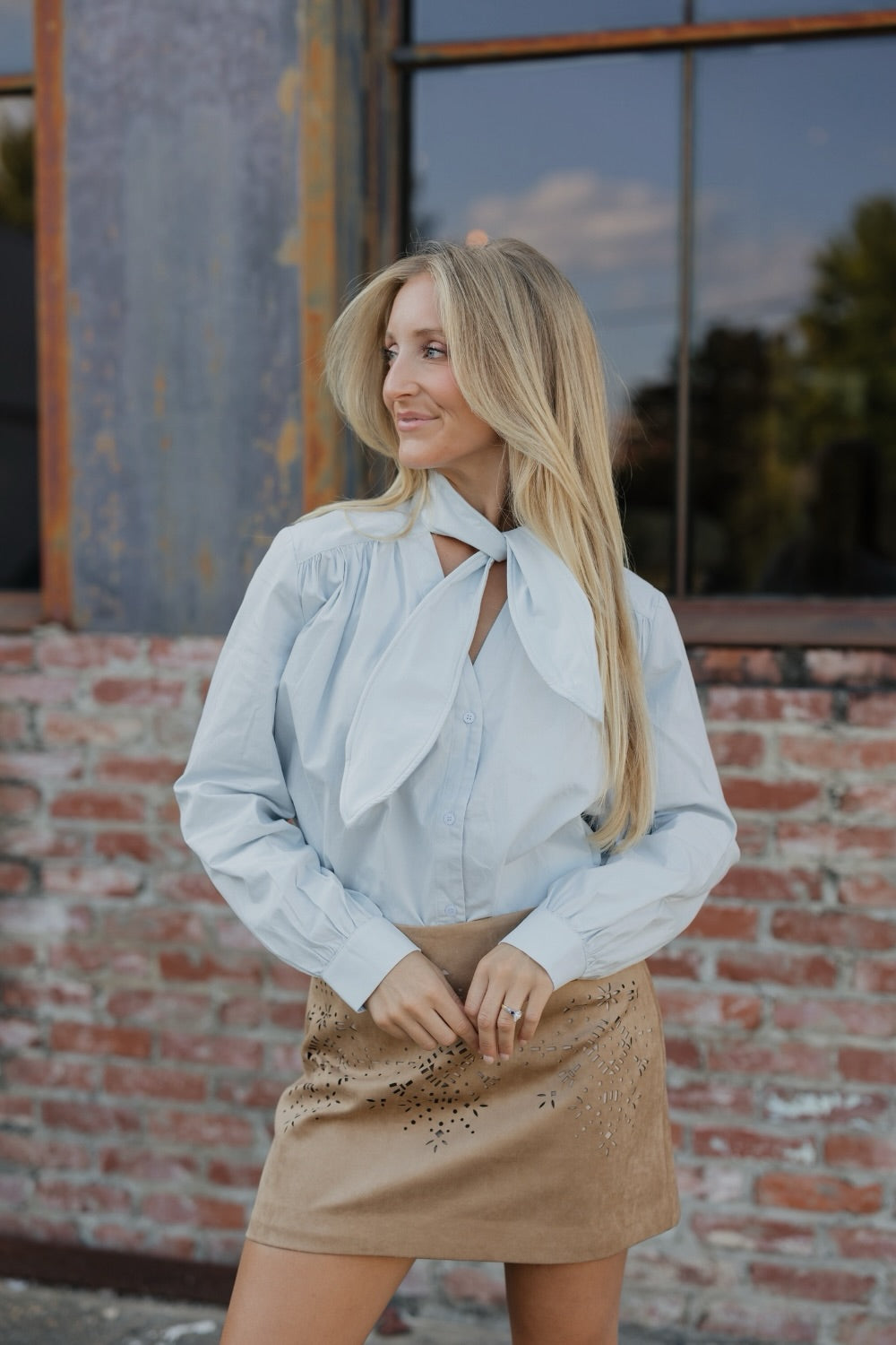 Light Blue Tie Neck Button Down Blouse (XS-XL)