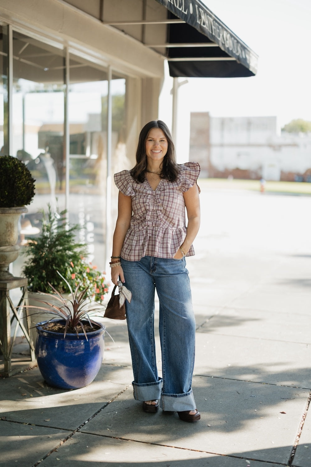 Misty Mauve Ruffle Plaid Blouse