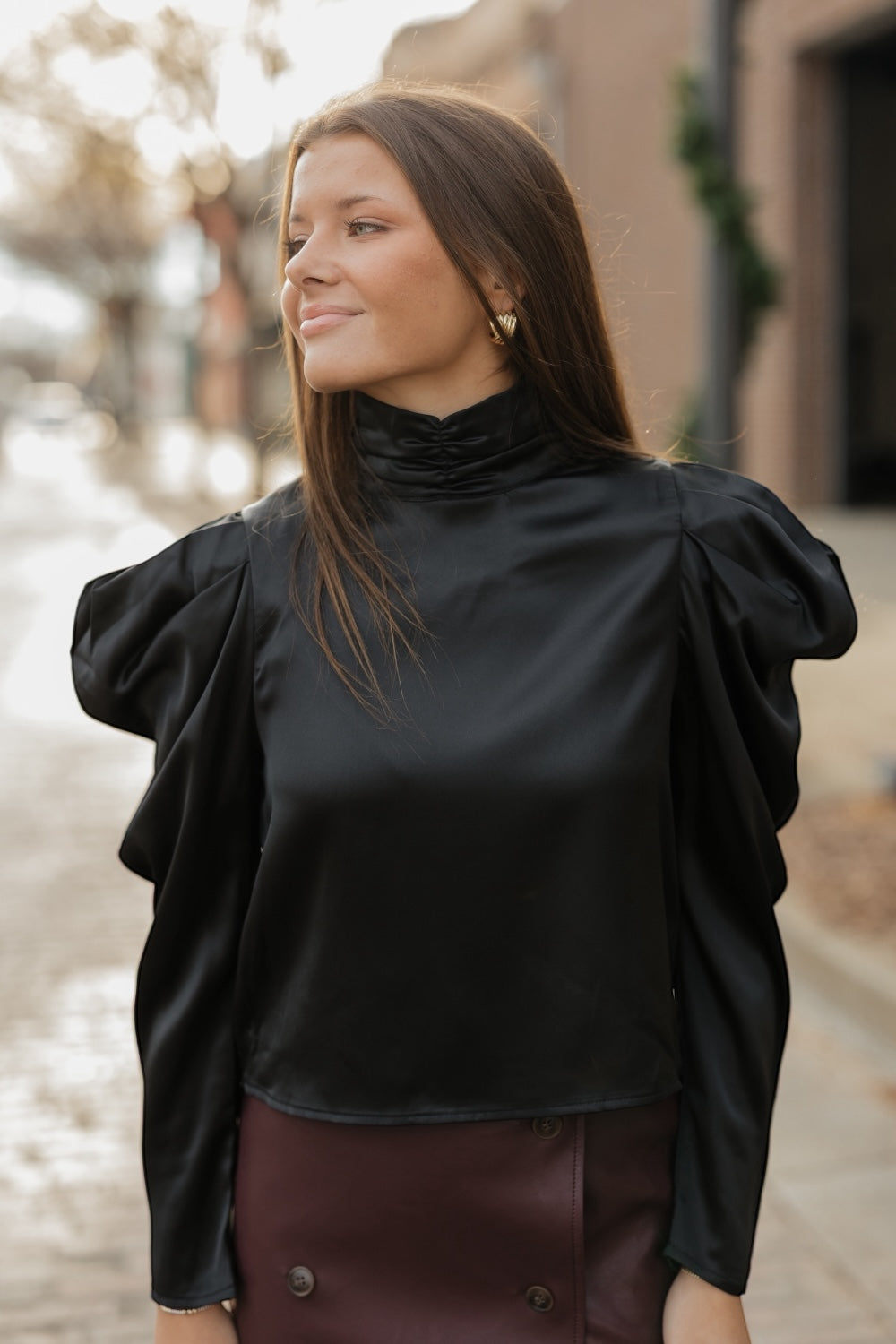 Rosie Long Sleeve Black Satin Top