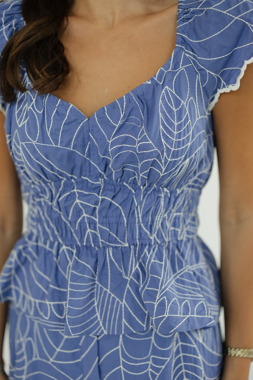 Blue Embroidered Flutter Sleeve Top