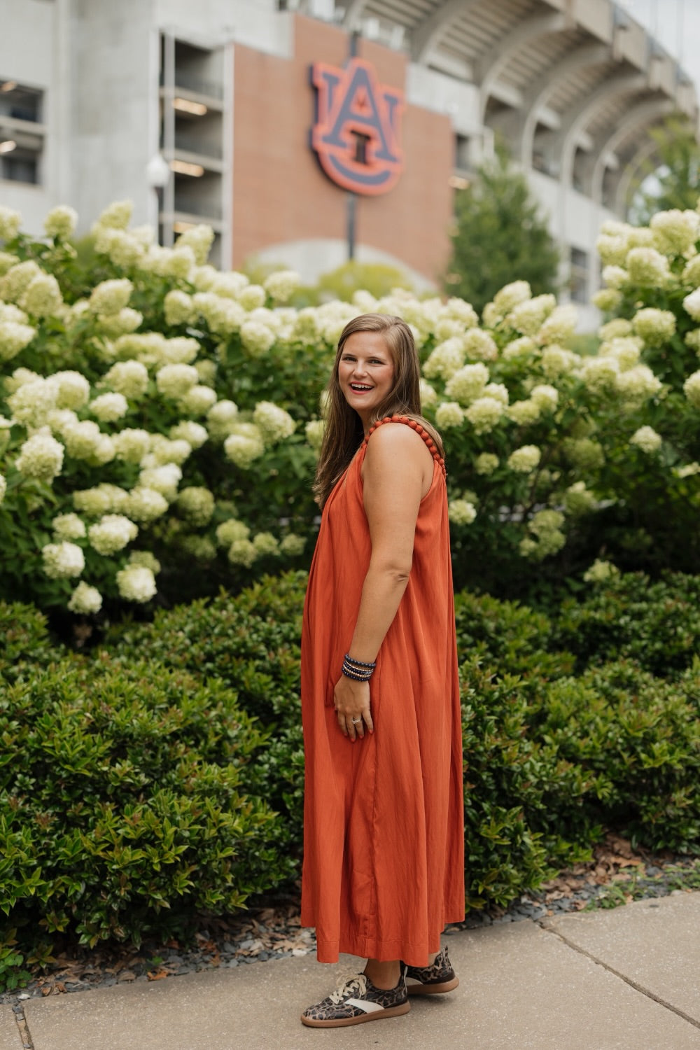 Rust Ball Trim Neckline Midi Dress