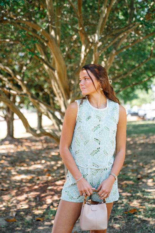 Dana Light Green Embroidered Short Set