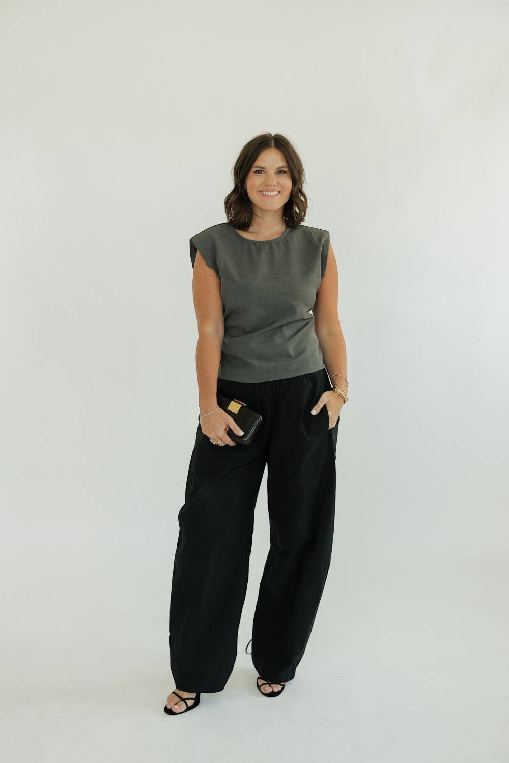 Black Elastic Waist Band Barrel Leg Pants