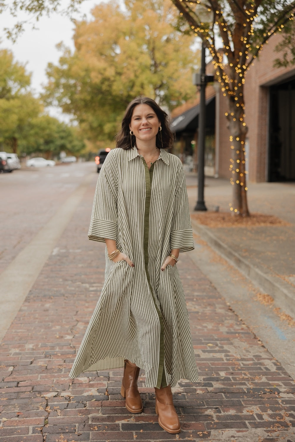 Melanie Olive Striped Midi Dress (S-2XL)