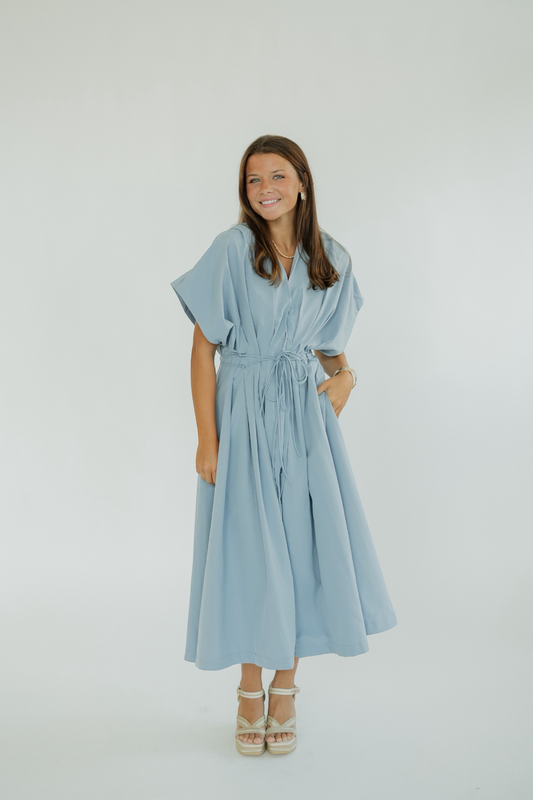 Dianna Dusty Blue Pleated Waist Midi Dress