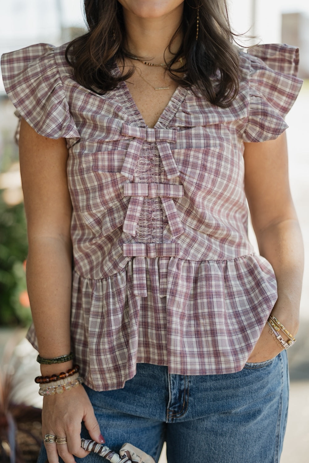 Misty Mauve Ruffle Plaid Blouse