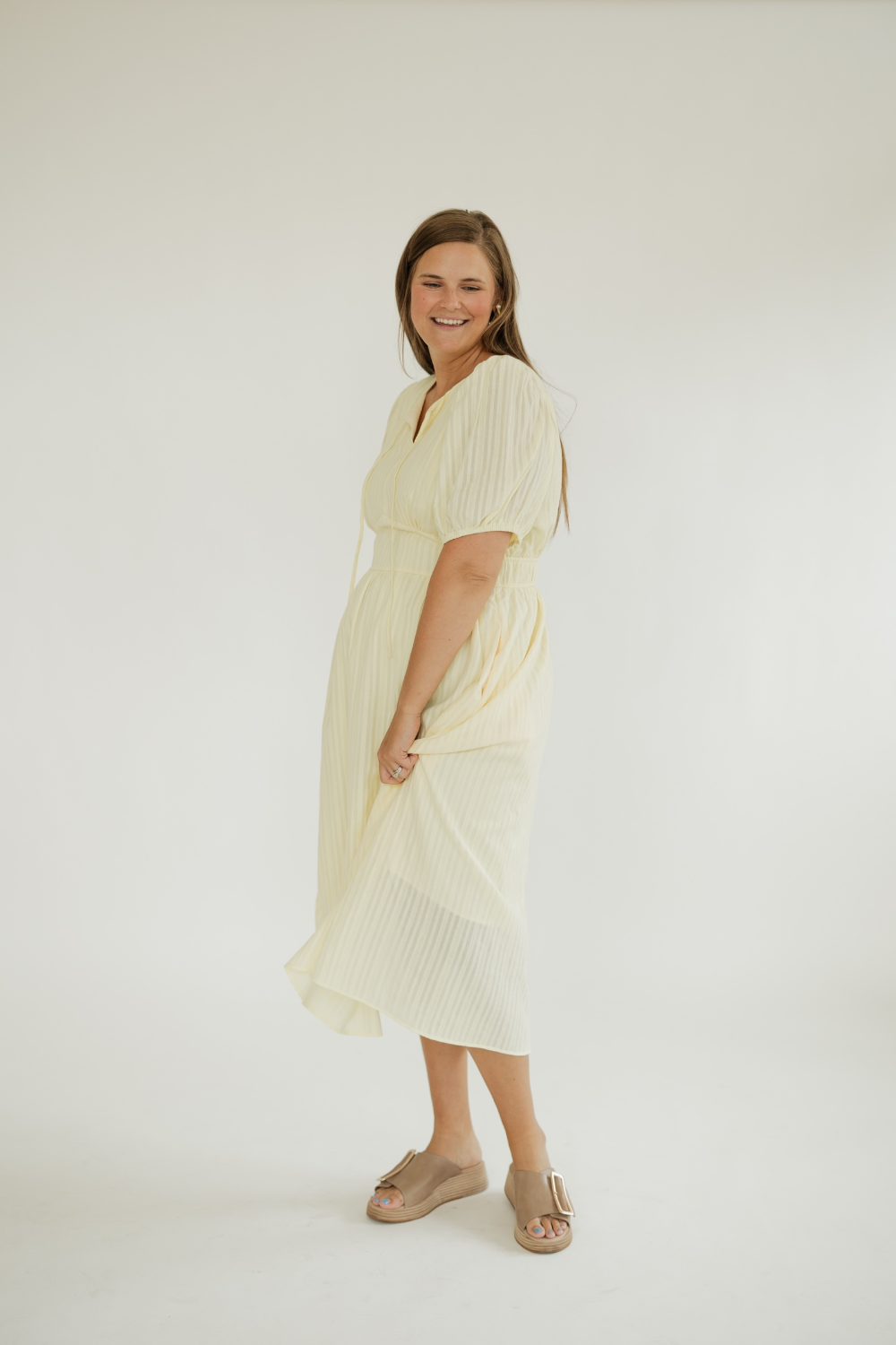 Jackie Yellow Jacquard Front Tie Detail Midi Dress