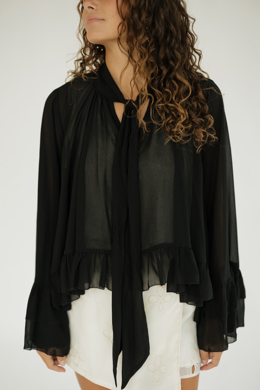 Black Ruffled Chiffon Blouse (S-3XL)