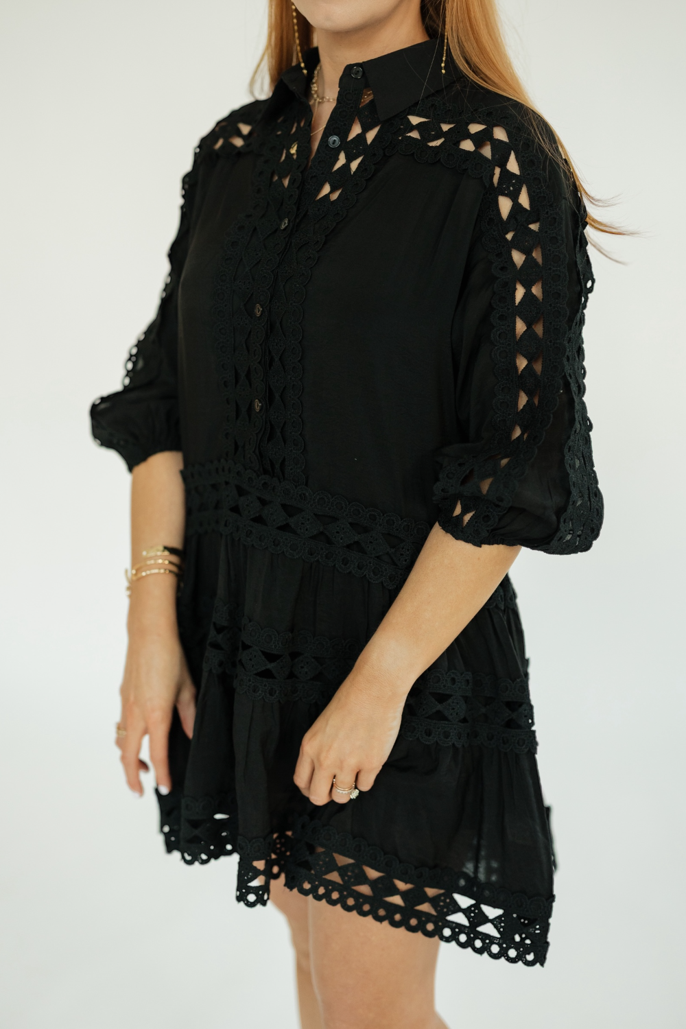 Black Lace Detail 3/4 Sleeve Dress (XS-XL)