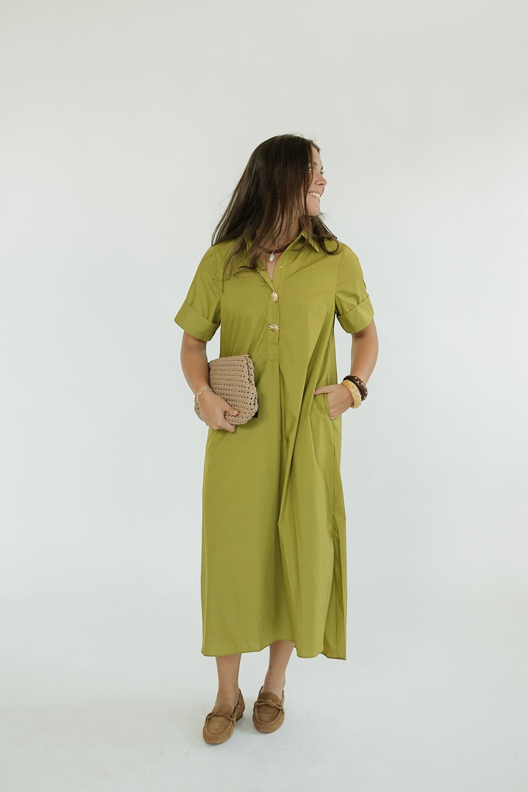 Darly Chartreuse Button Front Midi Dress (S-2XL)