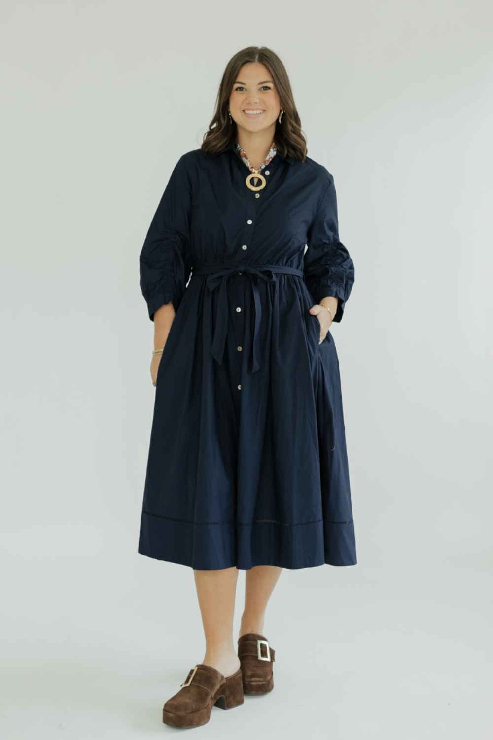 Alix Navy Detailed Button Down Midi Dress