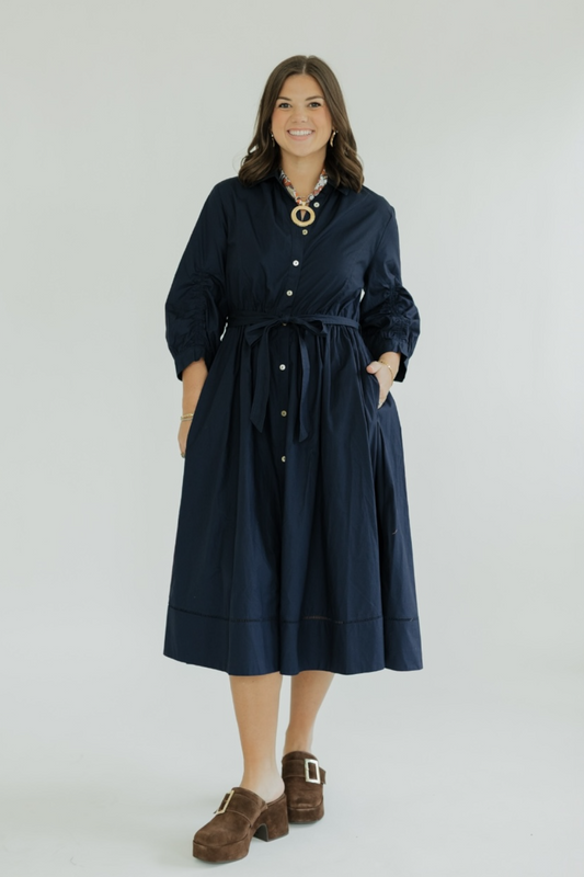 Alix Navy Detailed Button Down Midi Dress