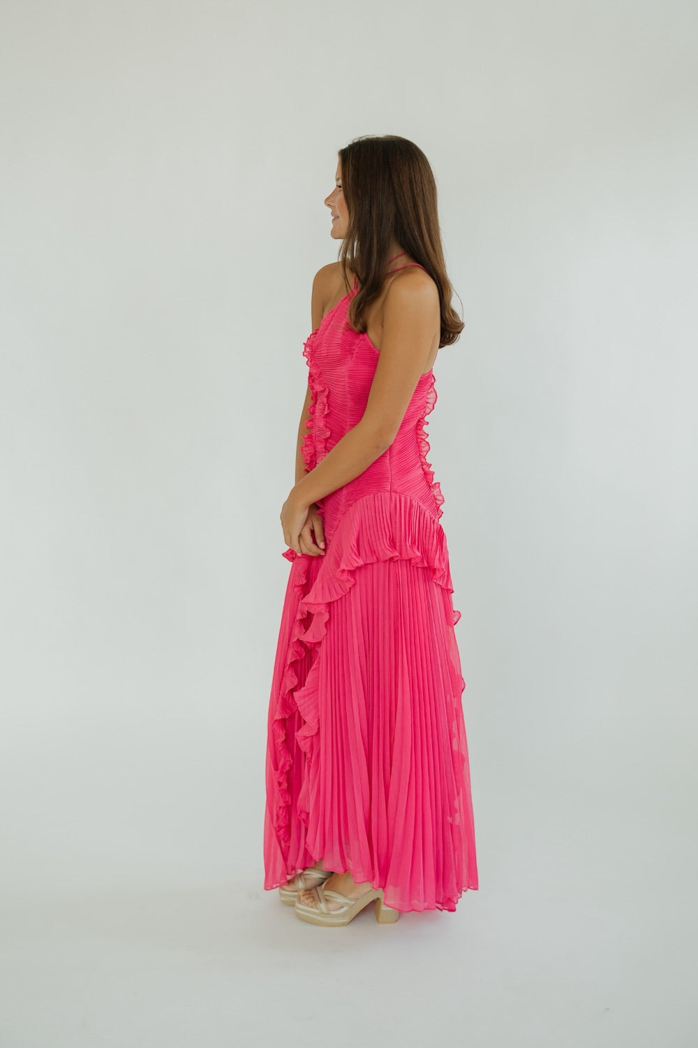 Cecilia Fuchsia Ruched Chiffon Midi Dress