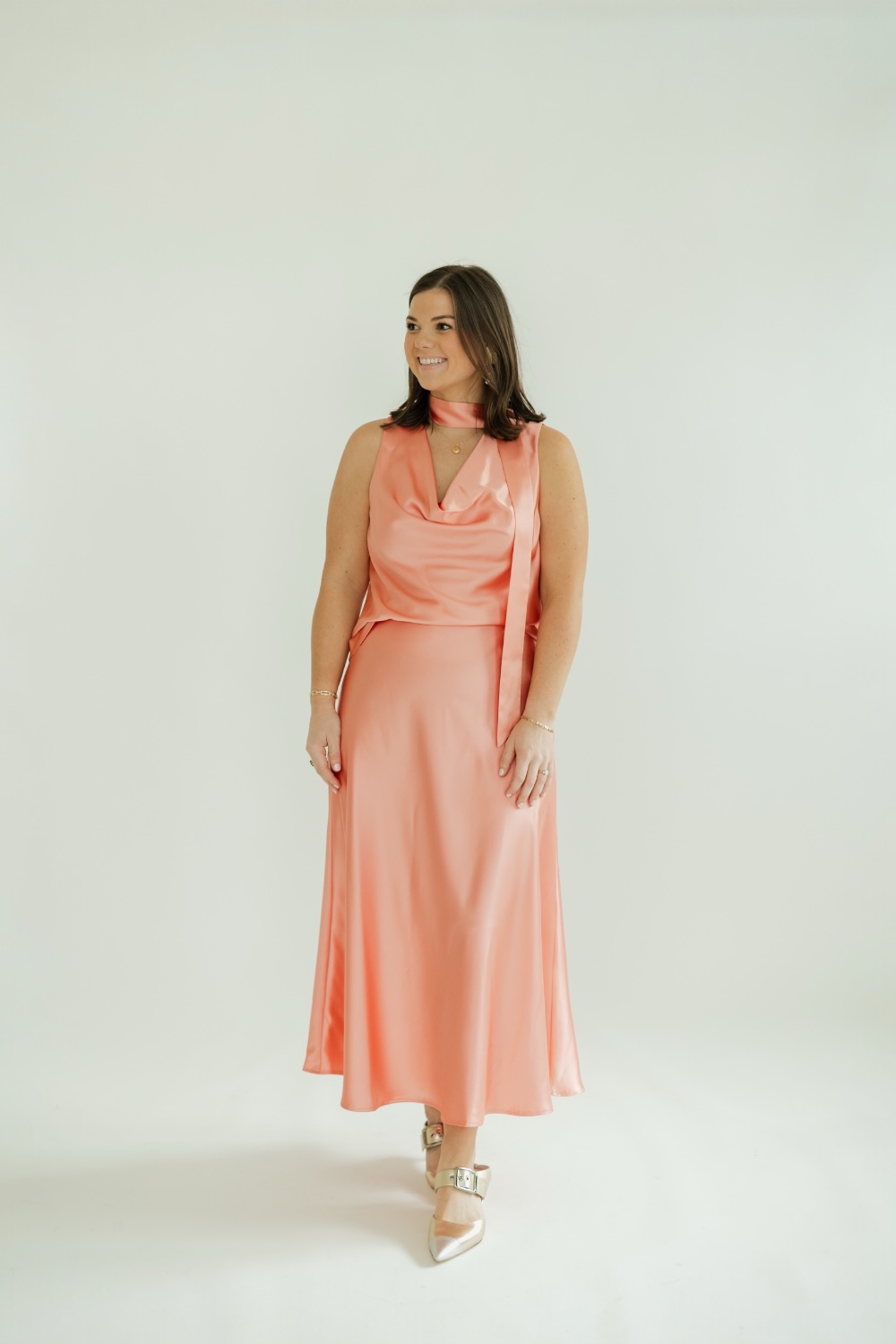 Fitz Coral Satin Midi Skirt