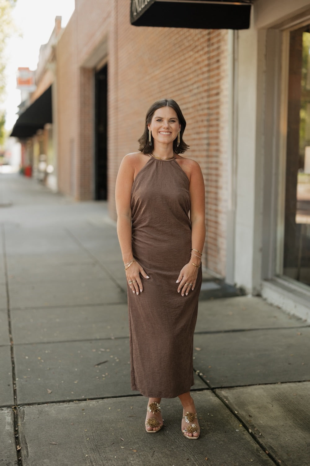 Rachel Brown Ruched Halter Midi Dress