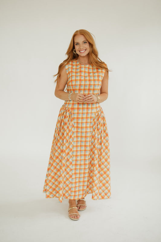 Gerri Orange Gingham Basque Waist Dress