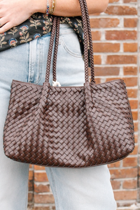 Nova Small Woven Shoulder Bag in Chocolate